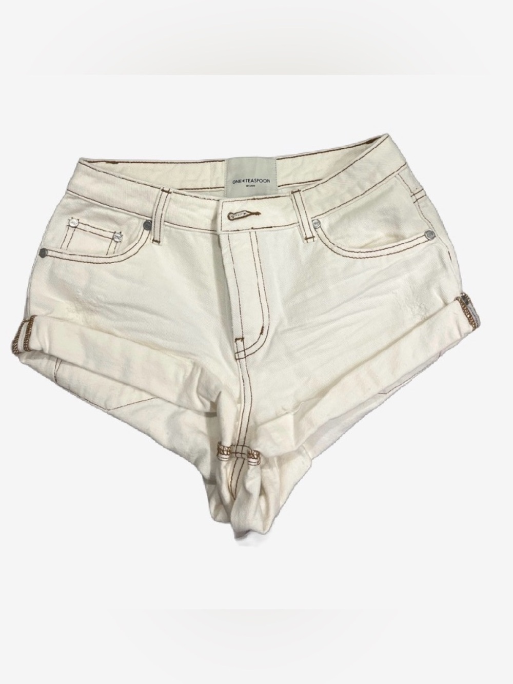One Teaspoon White Denim Low-Rise Shorts with Contrast Stitching
